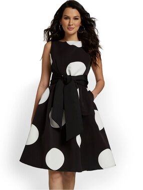 NY&Co Black White Polka Dot Fit Flare Dress Belted Midi M Classic Chic Wedding